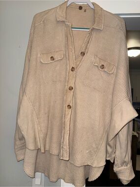 FP ONE Beige Waffle Knit Button-Front Shirt Jacket OVERSIZED SIZE SMALL